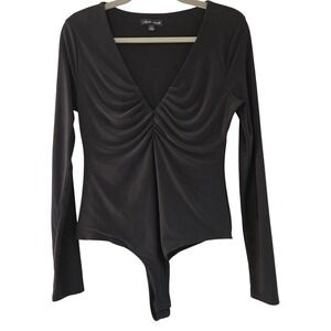 Moa Moa Women's Whimsygoth Black Ruched V-Neck Long Sleeve Bodysuit Large